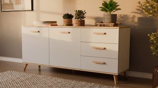 Komoda OLYMPO 2D3S BIAŁA DĄB ARTISAN Szafka 150 Cm 3 Szuflady 2 Drzwi