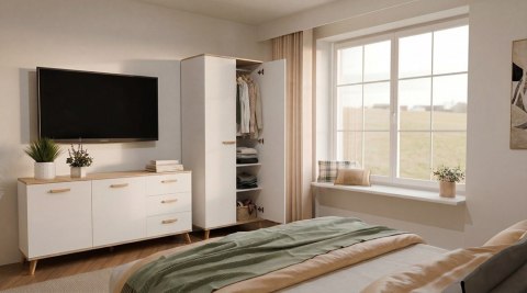 Komoda OLYMPO 2D3S BIAŁA DĄB ARTISAN Szafka 150 Cm 3 Szuflady 2 Drzwi