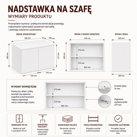 Nadstawka Na Szafę SD-90 BIEL Półka 90 cm Do Garderoby Pokoju