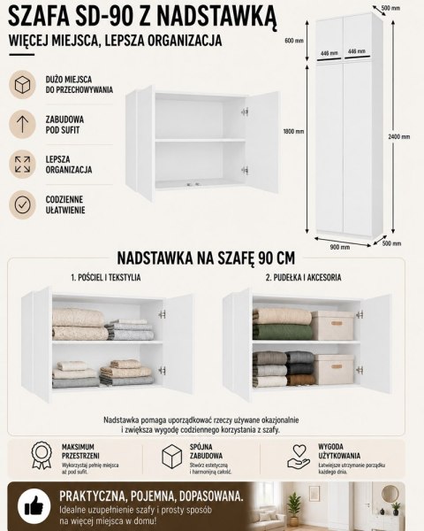 Szafa z Nadstawką SD-90 Drzwi Półki BIAŁY Do Garderoby Pokoju Biura