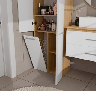 Szafka Łazienkowa NEL 1K DD Regał Słupek z Koszem Na Pranie DĄB ARTISAN / BIEL