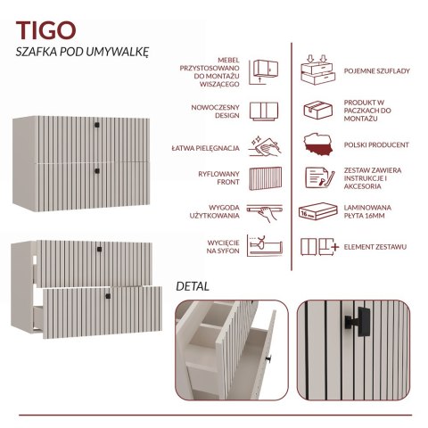 SZAFKA POD UMYWALKĘ TIGO 80 2S KASZMIR 2 SZUFLADY RYFLOWANY FRONT WISZĄCA