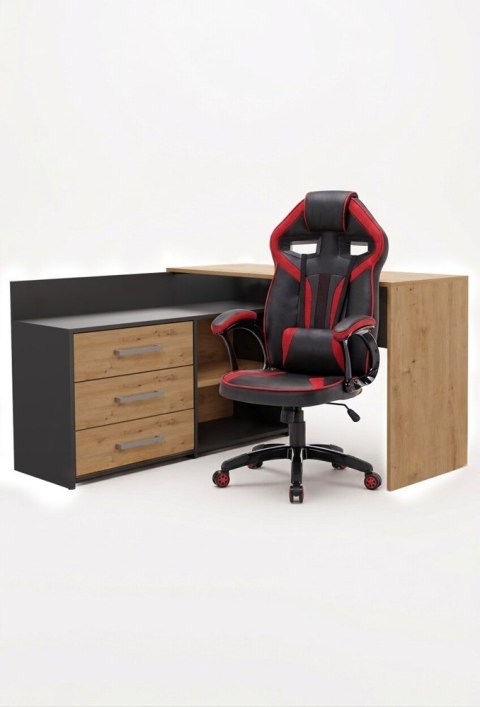 Zestaw BIURKO DANY Narożne ANTRACYT / DĄB ARTISAN + Fotel DRIFT CZERWONY