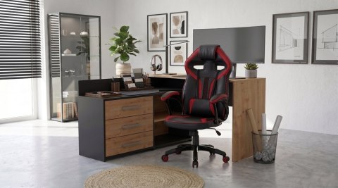 Zestaw BIURKO DANY Narożne ANTRACYT / DĄB ARTISAN + Fotel DRIFT CZERWONY