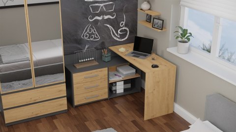 Zestaw BIURKO DANY Narożne ANTRACYT / DĄB ARTISAN + Fotel REMUS CZARNY